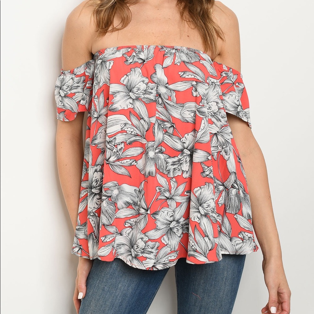 Coral Floral Off the Shoulder Top